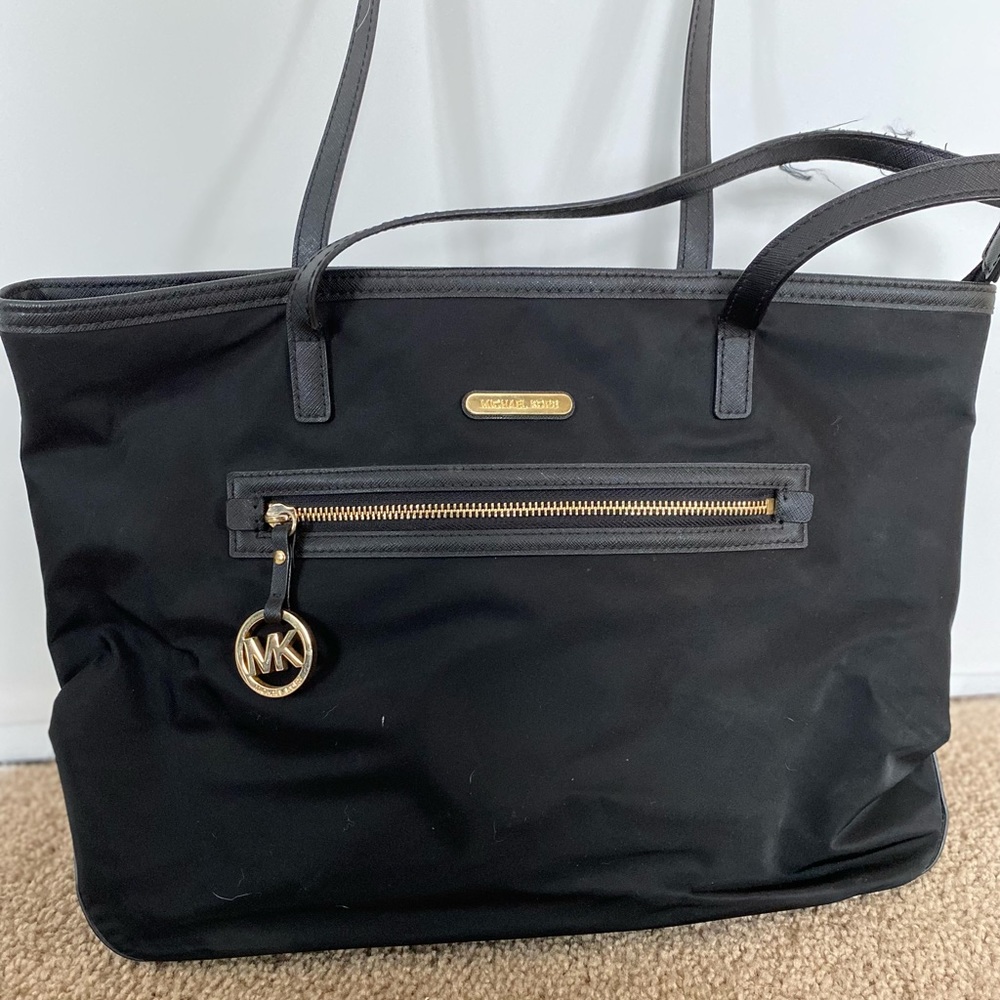 Michael Kors nylon tote bag in black with gold tone hardware
